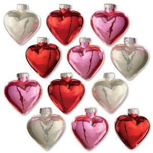 lot 3151 image: Lillian Vernon Shiny Glass Hearts Valentines Day Ornaments - Set of 12, 4 of Each Color, Hand Blown Glass, Holiday Decorations, Festive Home Decor, 1-14 x 2 x 2