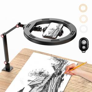 lot 3161 image: 10 Ring Light with Stand and Phone Holder, APEXEL USB Ring Light for Desk with Remote Control, Overhead Camera Mount with Adjustable Arm and C-Clamp for PhotographyMakeupLive Stream VideoYouTube