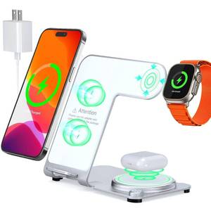 lot 3185 image: Mlfsaier 3 in 1 Charging Station for Multiple Devices Apple - Aluminum Alloy Fast Wireless Charger Stand Dock for iPhone 1514131211ProMaxXSXRXPlus,for Apple Watch AirPods Desk Beside White