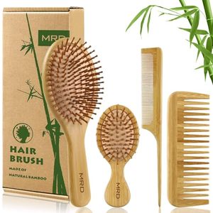 lot 3195 image: MRD Hair Brush Set, Natural Bamboo Comb Paddle Detangling Hairbrush, Wide-tooth and tail comb No Bristle, suit for Women Men and Kids ThickThinCurlyDry Hair Gift kit Yellow