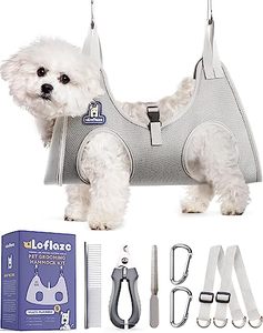 lot 3209 image: Loflaze Dog Grooming Hammock Harness for Dogs &amp Cats with Pet Nail Clipper Trimmer - Cat Hanger Sling for Trimming Clipping Nails- Dog Hammock Restraint Bag for Small Medium Large Dog Grey S