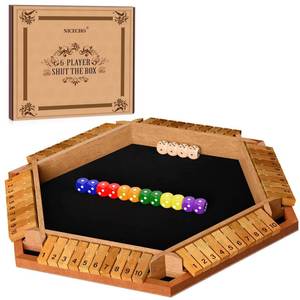 lot 3212 image: Nicecho 2-6 Players Shut The Box Dice Game, Wooden Board Table Math Game with Dice, Classics Tabletop Games for Kids Adults, Family,Classroom,Home,Party or Pub
