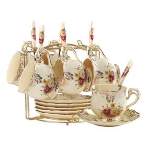 lot 3214 image: YOLIFE Flowering Shrubs Tea Cups and Saucers Set of 6, Tea Set, Ivory Ceramic Floral Tea Cups Set with Golden Rack, Coffee Cups Set, 8 oz
