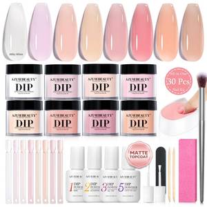 lot 3219 image: AZUREBEAUTY Dip Powder Nail Kit, Jelly Translucent Milky White Sheer Pink Nude Neutral Clear 8 Colors, Dipping Powder Liquid Set Added Matte Top Coat with Nail Sticks French Nail Art Manicure Salon