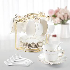 lot 3230 image: DUJUST Tea Cups and Saucers with Golden Trim,Set of 6 (8.5 OZ), Luxury Relief Printing Coffee Cups with Metal Stand, British Royal Porcelain Tea Party Set - White