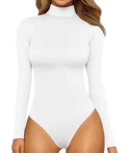 lot 3231 image: MANGOPOP Womens Mock Turtle Neck Long Sleeve Tops Bodysuit Jumpsuit (A Long Sleeve White, Medium)
