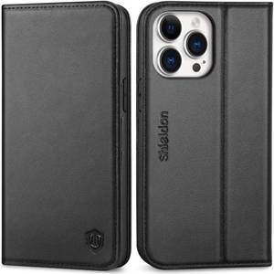 lot 3234 image: SHIELDON Case for iPhone 14 Pro Max, Genuine Leather Wallet Case RFID Blocking Credit Card Holder Magnetic Folio Cover Kickstand Case Compatible with iPhone 14 Pro Max 6.7 2022 - Litchi Grain Black
