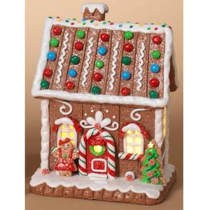 lot 3248 image: One Holiday Way 7.5-Inch Light Up LED Christmas Faux Gingerbread House Figurine with Woman and Candy Accents Prebuilt Lighted Village Decoration Xmas Tabletop Home Decor