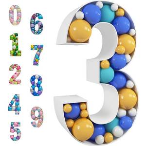lot 3254 image: Mosaic Balloon Numbers Frame Marquee Light Up Number 3 Pre-Cut Large Foam Board Sign Cut-Out for Boy Girl Birthday Backdrop Anniversary Decoration