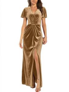 lot 3299 image: Simplee Womens Twist Front V Neck Velvet Maxi Dress Short Sleeve Fall Wedding Guest Long Semi Formal Dress with Slit (Large Grey Blue)