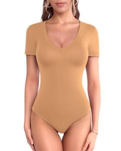 lot 3300 image: MANGOPOP V Neck Bodysuits for Women Short Sleeve Body Suits Basic Top Casual Shirt Medium