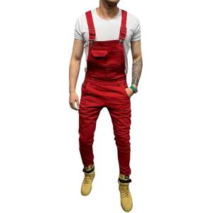 lot 3306 image: LONGBIDA Mens Denim Bib Overalls Fashion Slim Fit Jumpsuit with Pockets(Red,L)