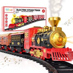 lot 3311 image: TEMI Train Set for Kids Toddlers 3-5, Train with Steam Engine, Cargo Car and Long Track, Rechargeable Battery Play Red Train Toys with Smoke, Light & Sounds, Gift for Boys & Girls 4-7 Years