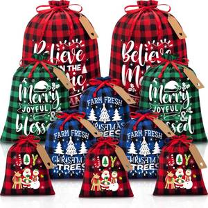 lot 3315 image: 10 PCS Christmas Drawstring Gift Bags with Tags, Buffalo Plaid Xmas Gift Bags Assorted Sizes Bulk, Cotton Fabric Holiday Gift Bags Large Medium Small Wrapping Bags for Xmas Presents Decor Party Favors