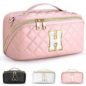 lot 3323 image: TOPEAST Personalized Cosmetic & Makeup Bag Organizer, Toiletry Bag for Travel Quilted PU Make Up Bag Monogrammed Makeup Bag Cute Pouch with Handle Strap, Initial Birthday Gifts Bag for Friends, H