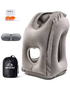 lot 3329 image: JefDiee Inflatable Travel Pillow, Airplane Neck Pillow Comfortably Supports Head and Chin for Airplanes, Trains, Cars Office Napping on The Tray Table (Grey)
