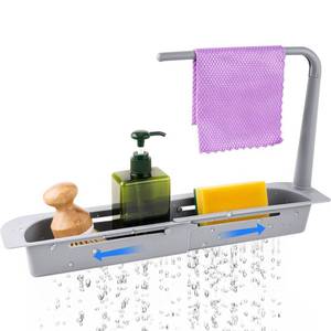 lot 3347 image: NiHome Telescopic Kitchen Over Sink Organizer with Towel Hanger, Expandable Slim Drain Basket Multifunctional Caddy Adjustable Length Colander Rack Sponge Holder Storage Tray for Home Bathroom (Grey)