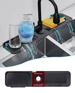 lot 3359 image: Abulun 5°slope kitchen sink splash guard-silicone faucet mat handle drip catcher tray-faucet splash guard for kitchen sink-longer black rubber sink water splash guard behind faucet