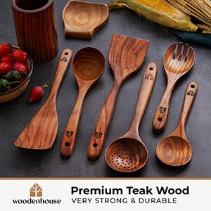 lot 3369 image: Wooden Spoons for Cooking Wooden Utensils for Cooking Set Teak Wood Nonstick Kitchen Cookware Durable Set by Woodenhouse