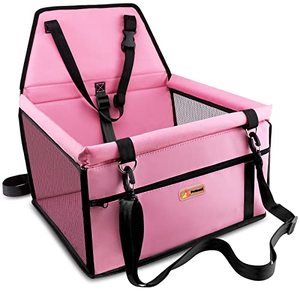lot 3370 image: Petbobi Pet Reinforce Car Booster Seat for Dog Cat Portable and Breathable Bag with Seat Belt Dog Carrier Safety Stable for Travel Look Out,with Clip on Leash with PVC Tube, Pink
