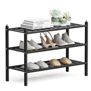 lot 3371 image: Dranixly Shoe Rack, 3-Tier Bamboo Stackable Shoe Shelf Storage Organizer, Shoe Stand for Closet, Entryway, Hallway, Bathroom and Living Room Black