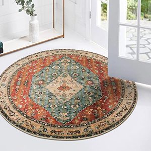 lot 3395 image: Lahome Boho Tribal Round Rugs - 3Ft Small Entryway Round Area Rug Soft Bedroom Foyer Throw Mat Washable Non-Shedding Non-Slip Sofa Nursery Bathroom Carpet,RustDull Teal