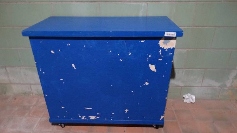 lot 410 image: Wood storage cabinet on wheels & cabinets.