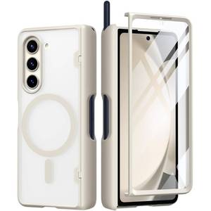 lot 50401 image: MOBOSI for Z Fold 5 Case Magnetic Hinge Coverage Protection, Fold5 Edition S Pen Holder, Compatible with Magsafe, Front Screen Protector Full Body Phone Case for Samsung Galaxy Z Fold 5, Beige