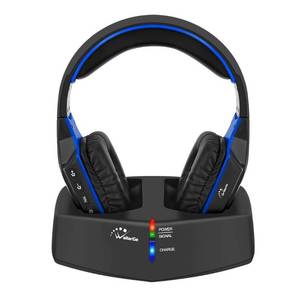 lot 50410 image: WallarGe Wireless Headphones for TV Watching with 5.8GHz RF Transmitter Charging Dock, Plug and Play, 100 Ft Wireless Range, Rechargeable 20 Hour Battery (Black with Blue)