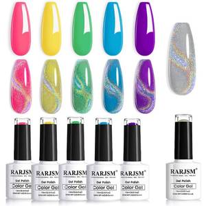 lot 50433 image: RARJSM Neon Gel Nail Polish Set Cat Eye Gel Nail Polish Set Silver Glitter Gel Polish Irridescent Colors Neon Green Yellow Hot Pink Purple Blue 6 Piece Set 7.5ML Curing Required