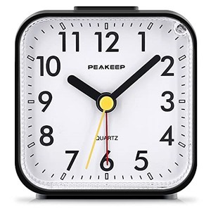 lot 50482 image: Peakeep Small Battery Operated Analog Travel Alarm Clock Silent No Ticking, Lighted on Demand and Snooze, Beep Sounds, Gentle Wake, Ascending Alarm, Easy Set (Black)