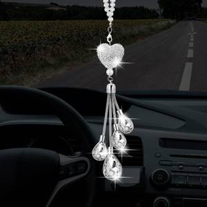 lot 50524 image: Frienda Bling Heart Diamond Car Accessories for Women, Crystal Car Rear View Mirror Charms Car Decoration Valentines Day Gifts Lucky Hanging Interior Ornament Pendant(White, 7.5 Inch)