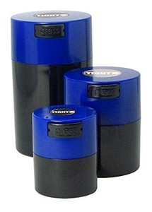 lot 50527 image: Tightvac Set of 3 - Patented Airtight Container  Multi-use Vacuum Container Works as Smell Proof Containers for Herbs and Dry Goods. Dark Blue Caps and Black Bodies