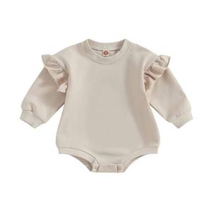 lot 50530 image: MERSARIPHY Baby Girl Boy Sweatshirt Romper Toddler Newborn Long Sleeve Bubble Oversized Bodysuit Onesie Neutral Fall Clothes (Beige Ruffle, 6-12 Months)