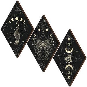 lot 50540 image: Ferraycle 3 Pcs Rustic Boho Wall Decor Moon Phases Butterfly Wall Art Stars Moon Decor Minimalist Room Decor Wooden Gothic Witchy Wall Pediments Hanging Sign for Home (Black, Gold, 6.7 x 11.8 Inch)