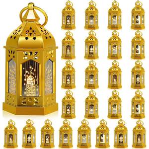 lot 50550 image: Aurelema 24 Pcs Ramadan Lantern Eid Decorative Candle Lanterns Ramadan Hanging Tealight Lantern with Flickery LED Candles LED Eid Mubarak Lantern Festival Lantern for Mubarak, 6 Styles (Gold)