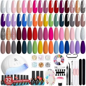 lot 50565 image: MEFA 56 Pcs Gel Nail Polish Kit with U V Light, 32 Colors All Seasons Soak Off Gel Polish Nail Set with MatteGlossy Base Top Coat Essential Manicure Tools Nails Art DIY Salon Pride Month Gifts