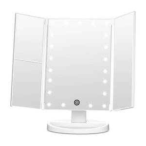 lot 50573 image: FASCINATE Trifold Vanity Mirror with Lights, Lighted Makeup Mirror 2X3X Magnification, 21 LED Touch Dimming, Dual Power 180° Rotation Lit Beauty Table Mirror, Make up Mirror with Lighting