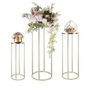 lot 50575 image: Bigsee Round Cylinder Stands for Party - Gold Cylinder Pedestal Stand Wedding Centerpiece Table Decorations with Metal Panel, 3pcs Geometric Display Rack for Parties Decoration, 1.962.633.28ft Tall