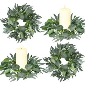 lot 50658 image: Thinkday 4 Pcs Candle Rings Artificial Eucalyptus Leaves Wreath Small Boho Wreath Pillar Candle Holder for Spring Summer Wedding Home Door Tabletop Decoration