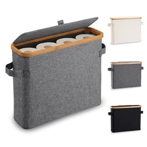 lot 50664 image: Toilet Paper Storage Basket with Lid, Toilet Paper Organizer for Bathroom, Bamboo Toilet Paper Storage Holder Stand Free Standing with Handle, Enclosed Toilet Paper Tissue Storage Bin Container, Gray