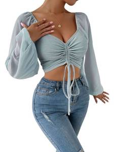 lot 50666 image: Verdusa Womens Sweetheart Neck Drawstring Ruched Lantern Sleeve Crop Top Blouse Light Blue XS