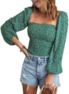 lot 50667 image: EVALESS Womens Fashion Spring Clothes Puff Sleeve Tops Trendy 2024 Cute Floral Blouses for Party Sexy Square Neck Off The Shoulder Tops for Women Dressy Casual Holiday Outfits Green Shirts, Small