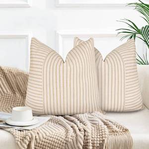 lot 50670 image: Farmhouse Pillow Covers 20x20, Modern Accent Square Throw Pillow Covers Set of 2, Khaki and Beige Striped Patchwork Linen Decorative Pillows Cushion Covers for Couch Chair Bedroom Fall Decorations