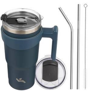 lot 50674 image: Konokyo 20oz Tumbler with Handle and 2 Straw 2 Lid, Insulated Water Bottle Stainless Steel Vacuum Cup Reusable Travel Mug, Navy Blue