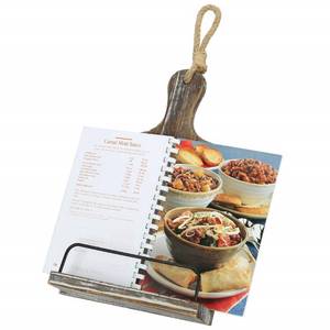 lot 50677 image: MyGift Rustic Torched Brown Wood Cutting Board Cookbook Holder Stand, Kitchen Counter Reading Bookstand Recipe Book Tablet Display Stand with Hanging Rope and Black Metal Wire Page Holder