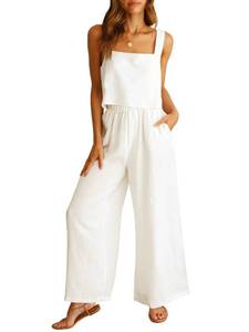 lot 50683 image: ANRABESS Womens 2 Piece Outfits Linen Pants Jumpsuit Matching Lounge Set Casual Summer Beach Vacation Trendy Clothes White X-Large