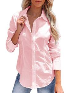 lot 50688 image: siliteelon Womens Button Down Shirts Long Sleeve Dress Shirts Wrinkle Free Collared Work Office Solid Blouses Corset Tops - Pink M