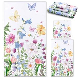 lot 50705 image: Preboun 3 Pack Wildflower Bathroom Towels Set Watercolor Spring Floral Hand Towels Butterfly Soft Bath Towels Plant Leaves Dish Towels Absorbent Fingertip Towel for Bathroom Kitchen Hotel Gym Spa