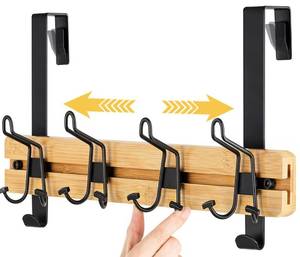 lot 50707 image: ETECHMART Over The Door Hooks, Bamboo Door Hanger with 4 Adjustable Tri Hooks for Hanging Clothes Bag, Behind Door Towel Rack for Bathroom, Heavy Duty Wall Mounted Coat Rack, No Drilling, Red Brown